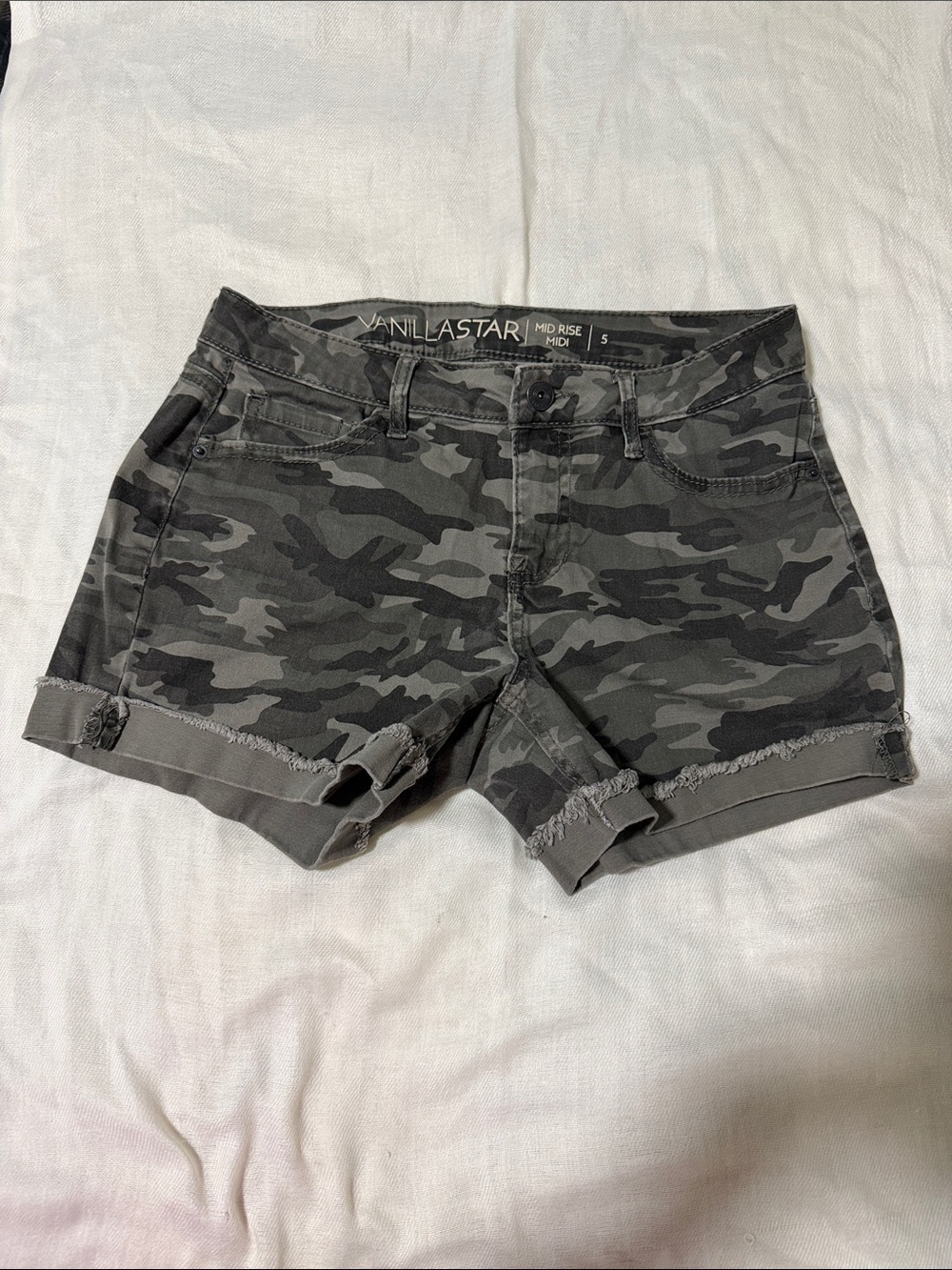 Vanilla Star Gray Camo Mid-Rise Denim Shorts